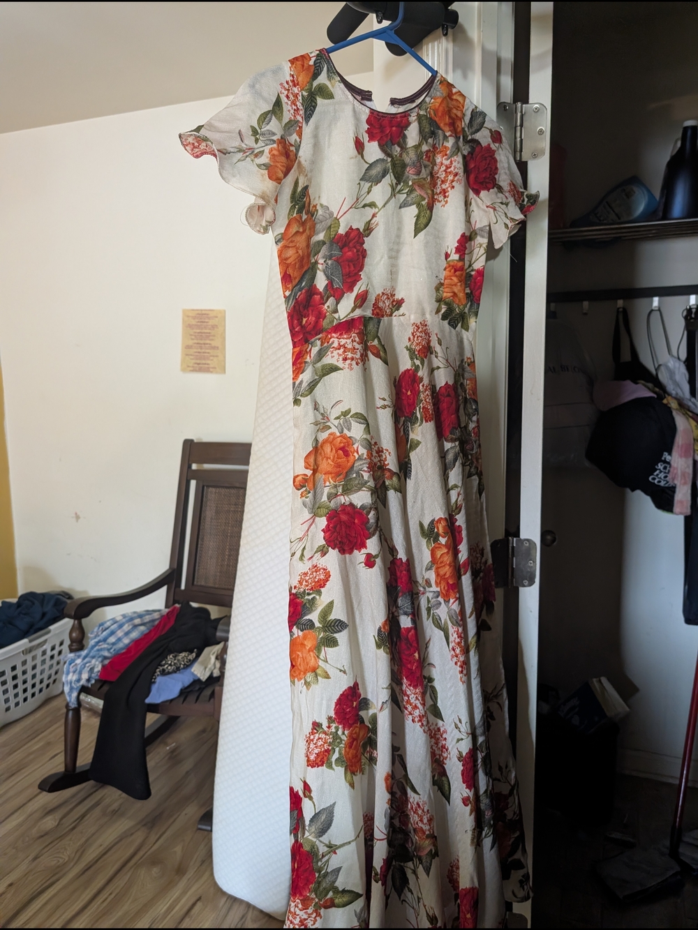 Floral Ruffle Sleeve Maxi Dress - White with Red & Orange Roses Girls